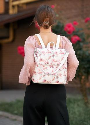 Женский рюкзак-сумка sambag loft - белый с принтом "flowers"