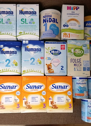 Суміш Aptamil, Hipp, NAN, Gerber, Bledilait, Nutrilon, Sunar