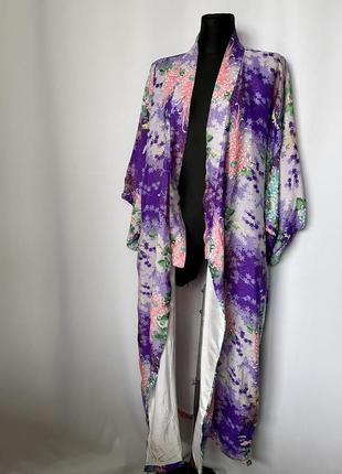 Кимоно шелковое с подкладкой халат япония винтаж лиловый с цве...