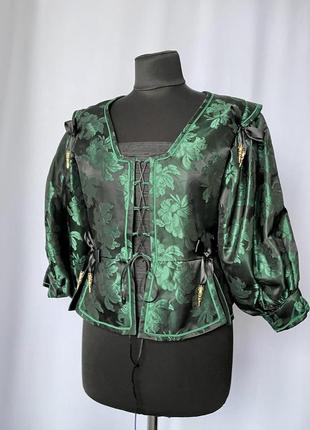 Жакет винтаж костюм старинный зеленый парча корсет реставрация