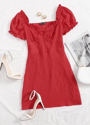 Shein рыжее платье мини-перчатки фонарики красная в рубчик зав...