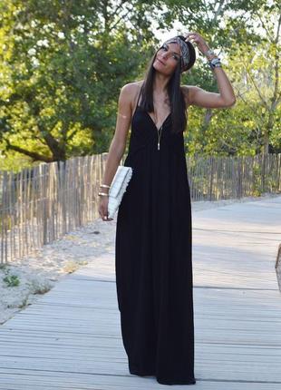 H&m черное макси платье из жатой вискозы бохо длинное платье
