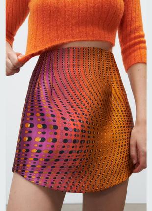 Zara мини юбка оранжевая розовая диско геометрический принт вы...