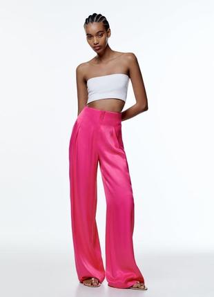 Zara брюки брюки брючины палаццо широкие розовые яркие сатин а...