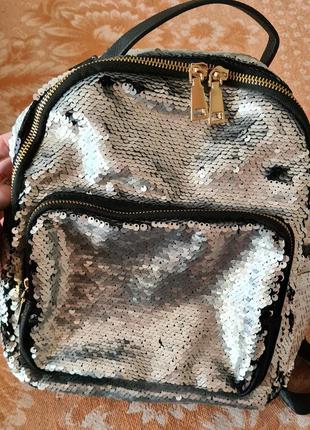 Портфель рюкзак з двухстороніми паєтками срібний з чорним