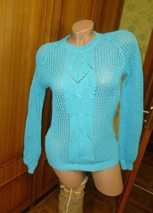 Красивый голубой свитер джемпер ажурный теплый реглан
