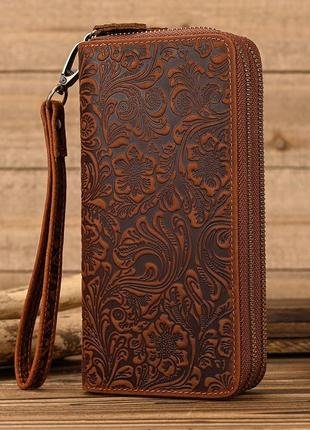 Клатч мужской кожаный кошелек коичневый с рисунком модный