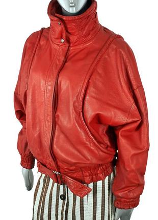 Винтажная красная женская кожаная куртка бомбер из 80-х