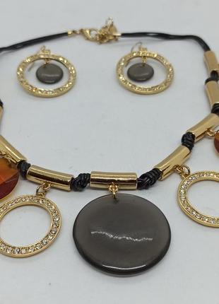 Набор комплект женской бижутерии ожерелье и сережки из золотис...