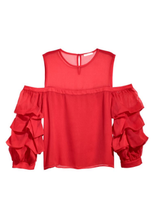 Блуза красная с открытыми плечами, рукава рюши, объемные, шифон