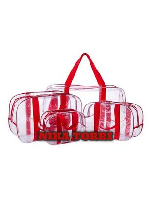 Набор прозрачных сумок (s, m, l, xl) с ременными ручками красный