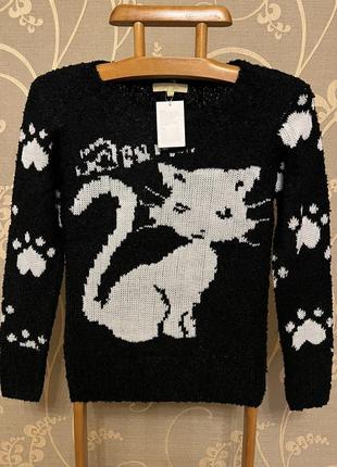 Очень красивый и стильный брендовый вязаный свитер с котом 22.