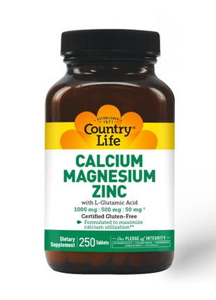 Витамины и минералы Country Life Calcium Magnesium Zinc, 250 т...