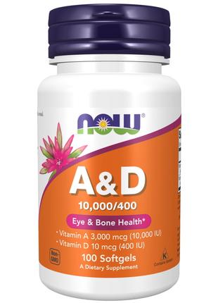 Вітаміни та мінерали NOW Vitamin A&D;, 100 капсул