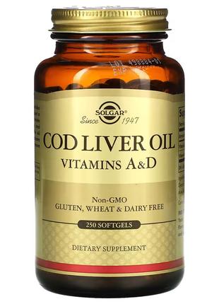 Жирные кислоты Solgar Cod Liver Oil Vitamin A & D, 250 капсул