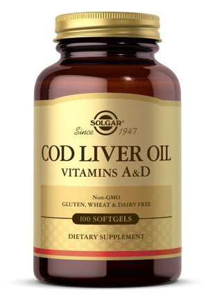 Жирные кислоты Solgar Cod Liver Oil Vitamin A & D, 100 капсул