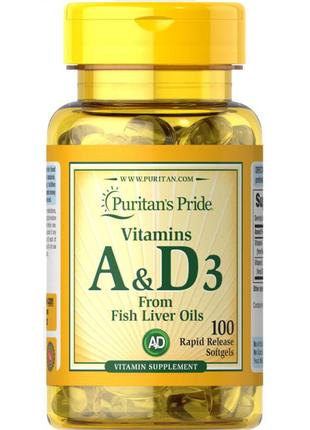 Витамины и минералы Puritan's Pride Vitamins A & D, 100 капсул