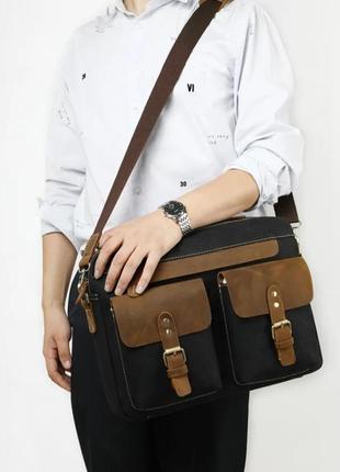 Мужская сумка-портфель текстильная с кожаными вставками