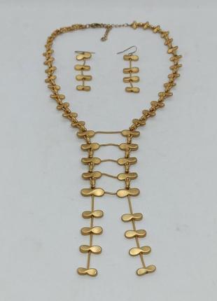 Набор комплект женской бижутерии ожерелье и серьги из золотист...