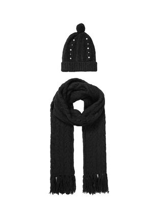 Комплект женский шапка и шарф из плотной вязки с жемчугом черн...