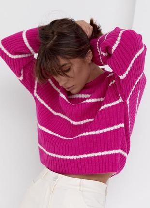 Женский вязаный свитер оверсайз в полоску фуксия/розовый