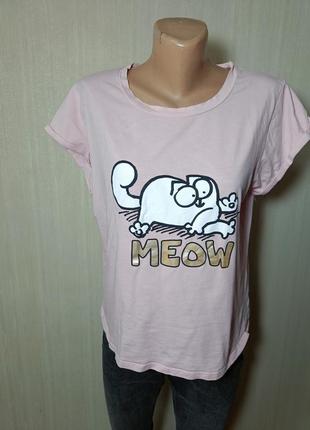 Розовая футболка с котиком. женская футболка с принтом.