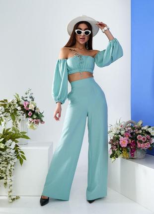 Женский костюм топ и брюки палаццо оливкового цвета 387262