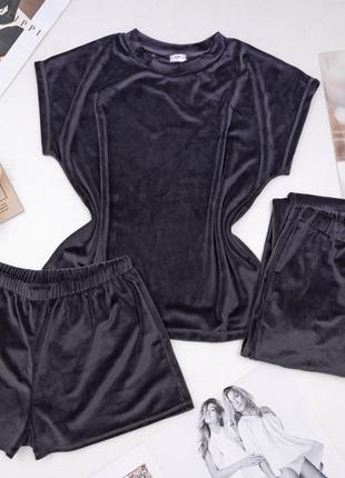 Домашняя одежда пижама тройка плюш Черная пижама комплект 3 в ...