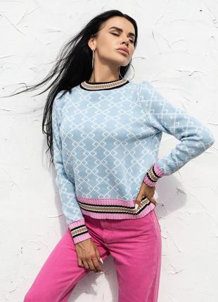 Женский свитер из хлопка голубого цвета с узором р.42/46 405080