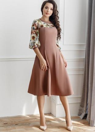 Женское платье со вставками из принтованого шифона бежевое 381706