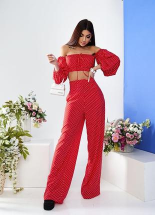 Женский костюм топ и брюки палаццо красного цвета 387264