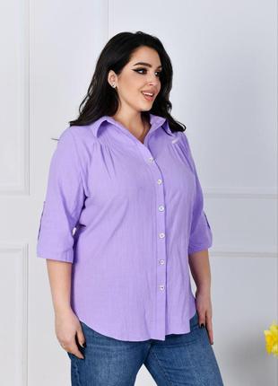 Женская льняная рубашка фиолетового цвета р.52 420861