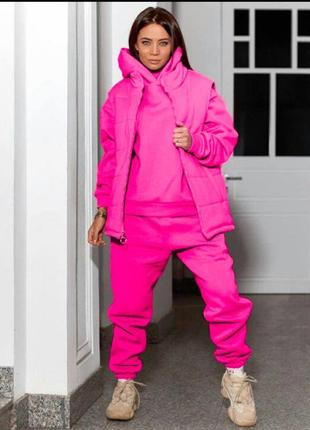 Женский спортивный костюм с жилеткой на силиконе розовый