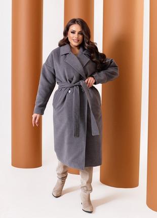 Женское пальто из кашемира на подкладке с поясом серого цвета ...
