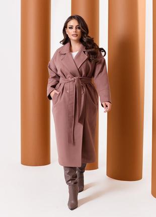 Женское пальто из кашемира на подкладке с поясом цвета капучин...