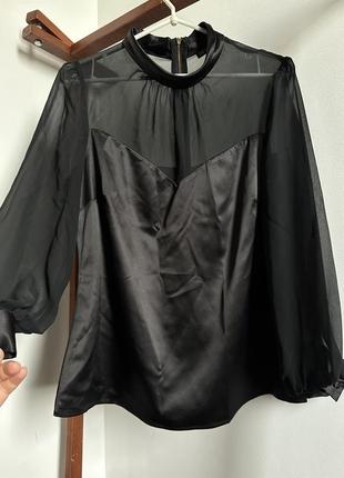Черная стильная нарядная атласная блуза