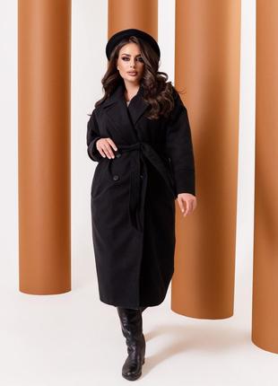 Женское пальто из кашемира на подкладке с поясом черного цвета...
