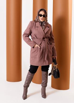 Женское пальто из кашемира на подкладке с поясом капучино р.52...