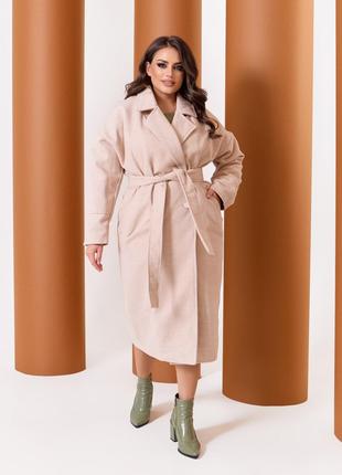 Жіноче пальто з кашеміру на підкладці з поясом бежевого кольор...