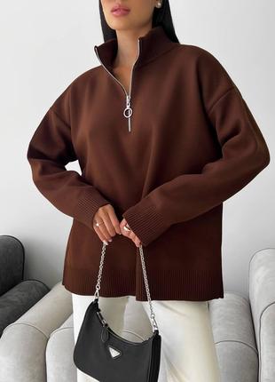 Женский свитер с молнией из жаккардовой вязки цвет коричневый ...