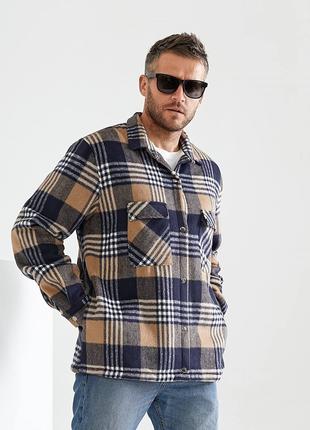 Мужская куртка-рубашка на подкладке из меха темно-синий+беж