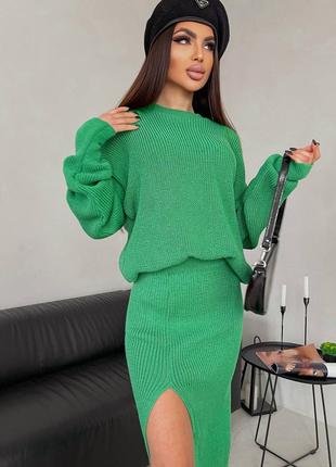 Костюм тонкая вязка свитер + юбка мята