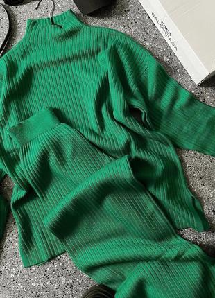 Шикарный костюм кофта+брюки в рубчик зеленый