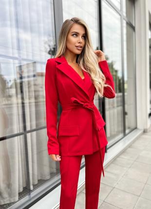 Женский брючный костюм тройка пиджак+топ+брюки красный