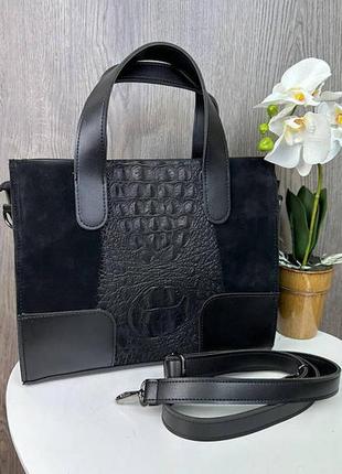 Женская замшевая сумка-пептилия черная, сумочка с натуральной ...
