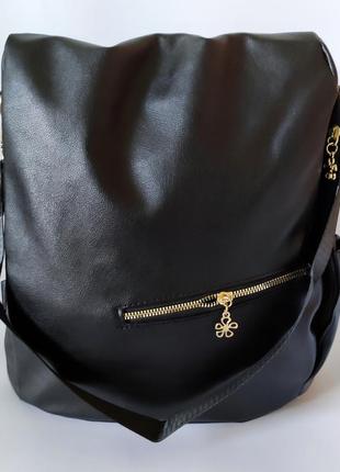 Красивый модный стильный женский рюкзак-сумка из экокожи черная