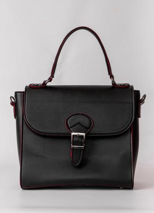 Женская сумка портфель черная  с красным сумка среднего размера