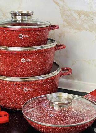 Набор кастрюль и сковорода higher kitchen hk-310 красный набор...