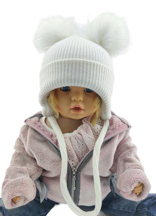 Детская вязаная шапка теплая с флисом на завязках детские голо...
