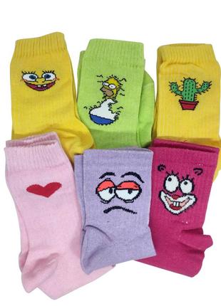 Набор разноцветных ярких носков с принтом женских, 6 пар